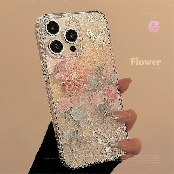 Blødt TPU 3D Rose Blomst Glitter Telefon Cover til iPhone 15 Pro