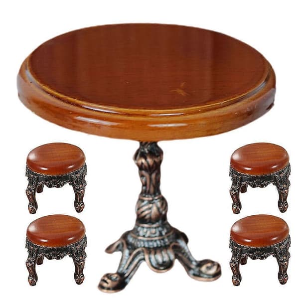 1 Set Miniature Wooden Round Table Dollhouse Side Table Stools Dollhouse Decoration Accessories
