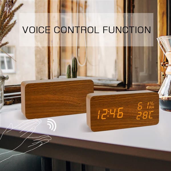 LED Digital Alarm Clock Humidity Date Temperature Wood Look Decor