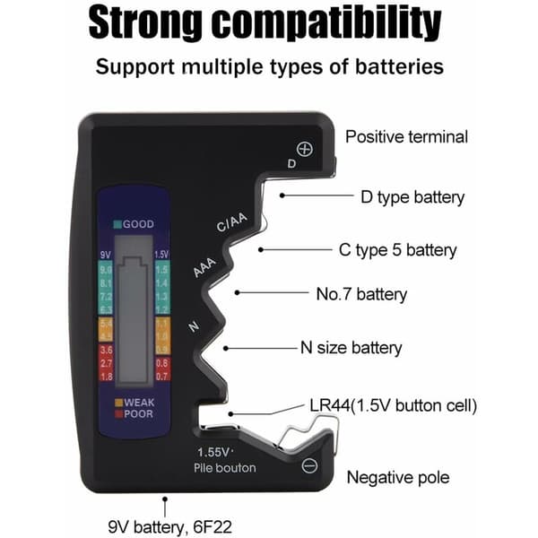 Mini Batteritester LCD-skærm til D CN 5 7 N LR44 9V 6F22 Batterier Sort Kompatibel med Flere Mærker