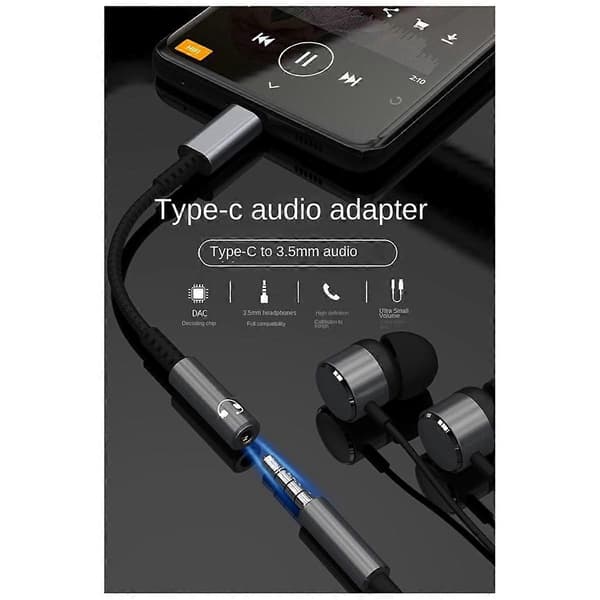 USB Type C til 3,5 mm Hodetelefonkontakt Digital Lydadapter Konverterer USB C til 3,5 mm Hodetelefon Aux Kabel Grå