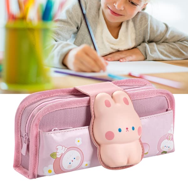 Canvas Pencil Case with Cute Duck Pattern, Velcro Closure, Large Capacity, Zipper, Multiple Internal Compartments for Student Rabbit
