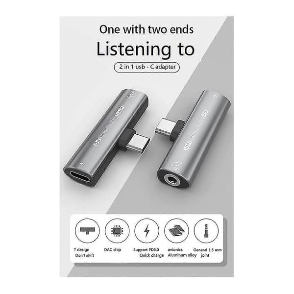 Mini 2-i-1-konverter Type-c til 3,5 mm lydadapter Type-c hovedtelefonadapter Multifunktionel konvertering