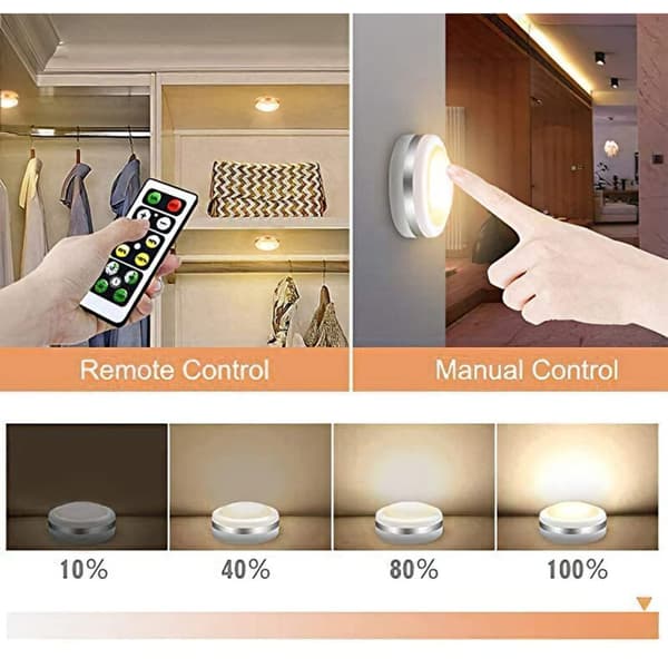 Wireless LED Wall-Mounted Wardrobe Spotlight – 6 Self-Adhesive Lamps – Warm White Light 3500-4000K – Remote Control with Timer
