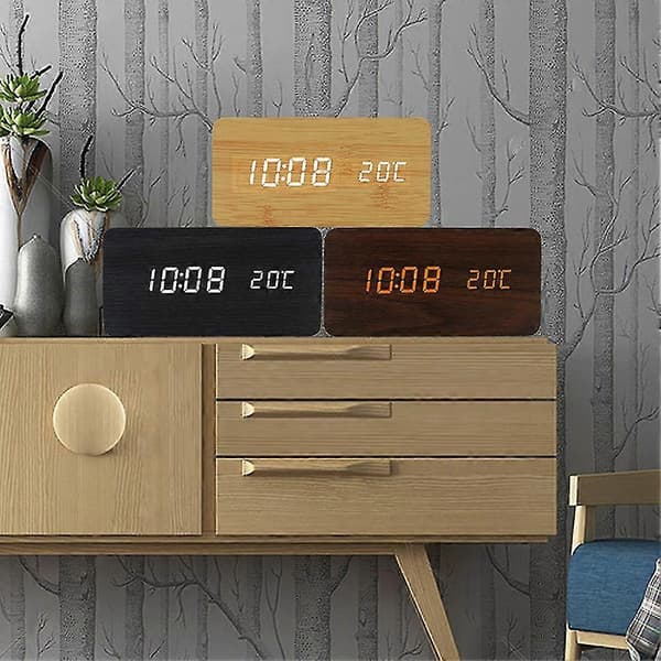 Trä LED Väckarklockor Elektronisk Klocka Ljudkontroll Digital Display Skrivbordskalender Bordsklocka