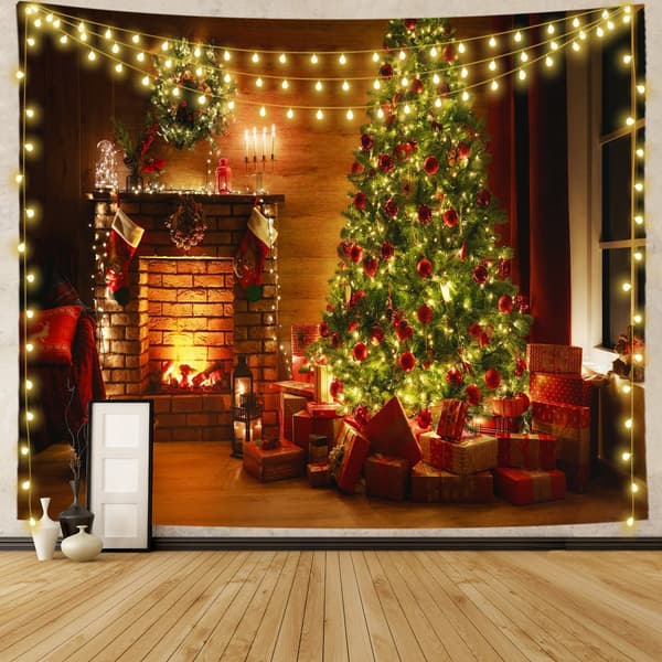 Christmas themed tapestry, colorful background, Santa, reindeer