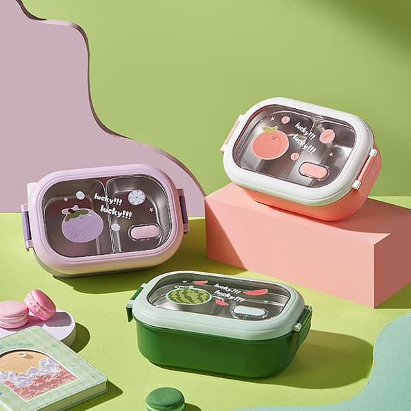 1000ml Lunch Box Microwaveable Large Capacity Heat Resistant Compartment Fruit Pattern Student Bento Pink Pink