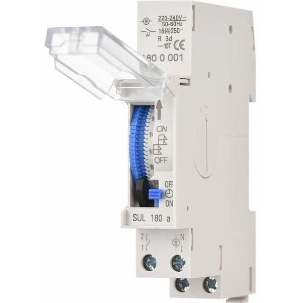 24-timers mekanisk timer, 15 minutter minimum, DIN-skinnemontering, indbygget batteri, SUL180a AC220-240V, grå