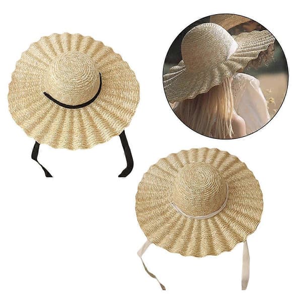 Wide Brim Straw Hat with Wavy Pattern Band for Outdoor Sun Protection Beach