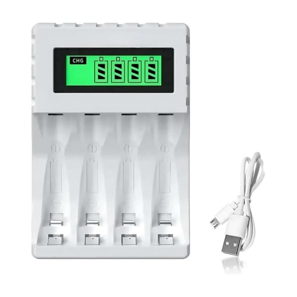 LCD005 Smartlader for AA/AAA-batterier - 4 plasser - LCD-skjerm - USB-C/Micro-USB - Hurtiglading - Lengde: 9,3 cm / Bredde: 6,3 cm / Høyde: 2,7 cm