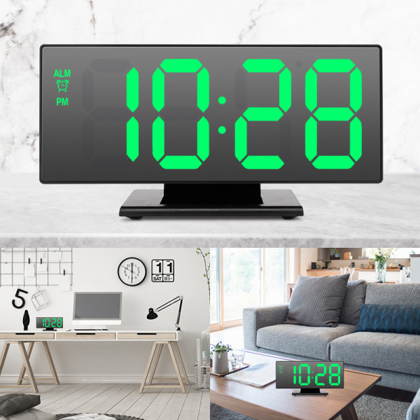 LED Digital klocka HD Spegel Sängbord Elektronisk watch Sovrum Väckarklocka-svart case med grönt ljus
