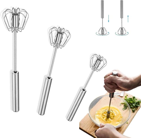3-pack Semi-Automatic Whisk, Stainless Steel Egg Beater, Manual Kitchen Whisk, Push Whisk, Rotating Mixer, Egg Whisk, for Cooking, Mixing, Stirring