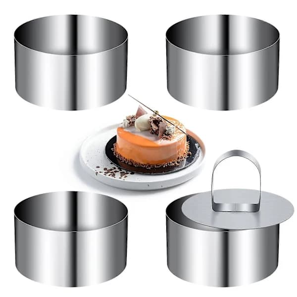 4 stk Mini Kageforme i Rustfrit Stål Runde Mousse Ring Sæt 8 cm Diameter med Presseløfter Tykkere Bageværktøj