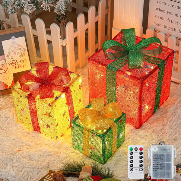Christmas Lighted Gift Boxes, Set of 3 LED Gift Boxes, 8 Lighting Modes with 50 LEDs, IP44 Christmas Lighting Box, for Christmas Tree