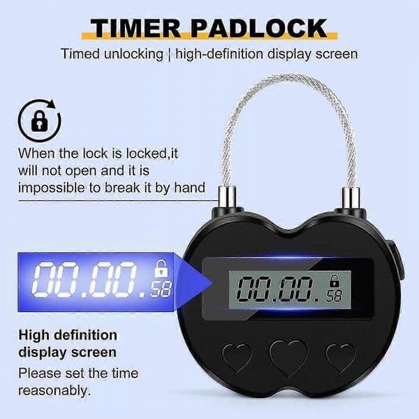 Smart Time Lock LCD-skärm Tidslås Multifunktionell Elektronisk Resetimer, Vattentät USB Uppladdningsbar Tillfällig Timer Hänglås