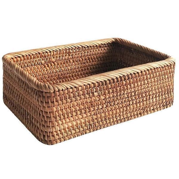 Handwoven Rectangular Rattan Basket, Fruit Tea Snacks Bread Picnic Cosmetic Storage Box Kitchen