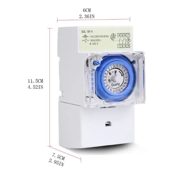 Mechanical Timer SUL181H, 220V, 16A, Quartz Motor Drive, DIN Rail Mounting, 24 Hours, 8 Settings