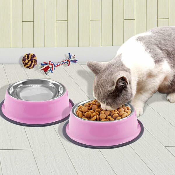 Sæt med 2 lyserøde skåle i rustfrit stål med skridsikker gummibase til små hunde og katte (200 ml)