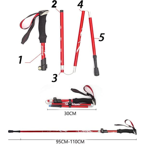 Ultralight Foldable Hiking Poles / Walking Stick 5 Sections 1 Pair - Adjustable Height Red Red