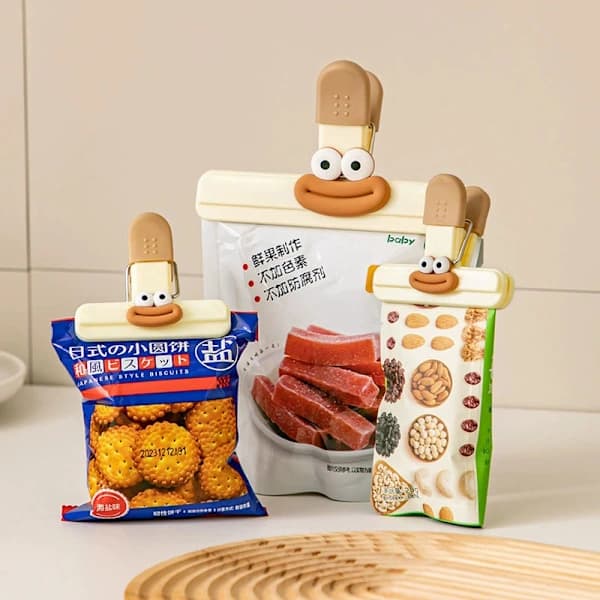 4-pack tecknade påsklämmor, lufttäta matförseglingsklämmor med 3D-ansikte, BPA-fri köksförvaring för mat- och husdjursfoderpåsar