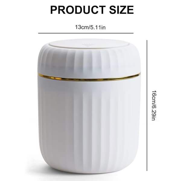 Tabletop Container with Push-Button Lid, 2L Mini Bathroom Trash Can, Office Trash Can for Living Room, Office, White (13×13×16cm)