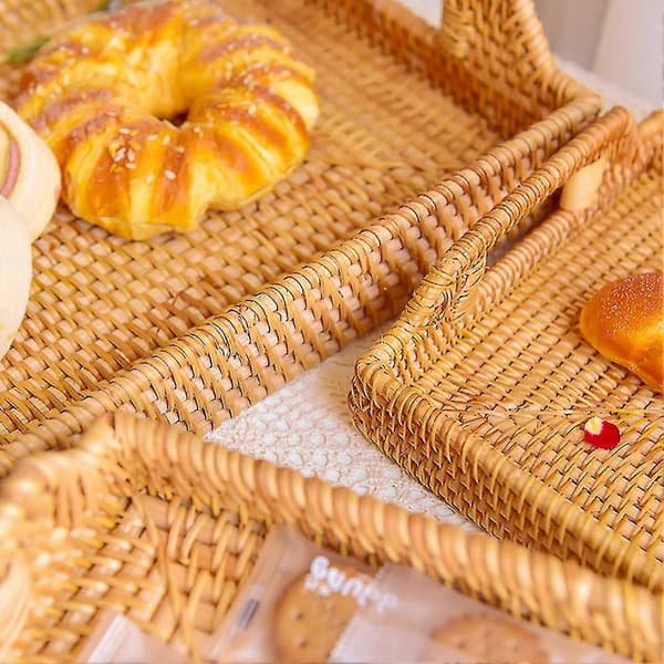Handwoven Rattan Storage Tray with Handle Square Basket Bread Food Plate Fruit Cake Plate Dinner S