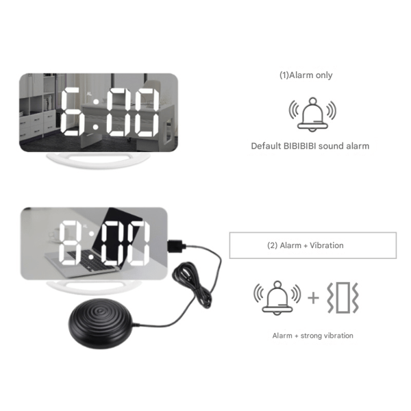 Multifunctional High Vibration Alarm Clock Suitable for Adults with Severe Sleep Difficulties, Digital Mirror Clock with Bed Shaker
