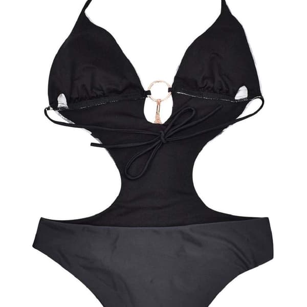 One-piece swimsuit with V-neck, halterneck and cut-out triangles
