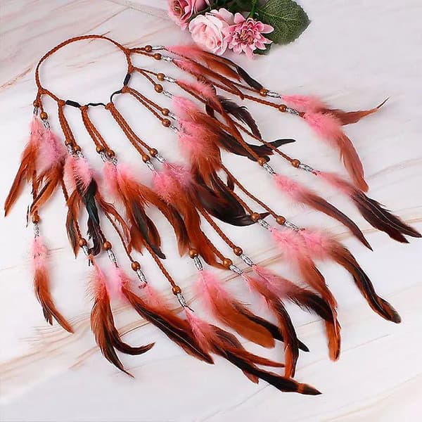 Fjærhodeplagg Hippie Bohemian pannebånd - Vakkert fjærhodeplagg Bohemian Pom Pom hatt for kvinner jenter Mardi Gras hodeplagg Gradient rosa