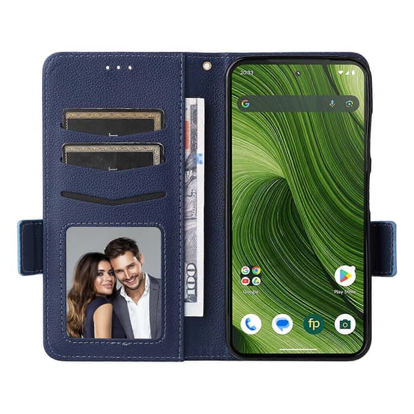 For Fairphone 6 Case with Wrist Strap Litchi Texture PU Leather Wallet Phone Cover Dark Blue