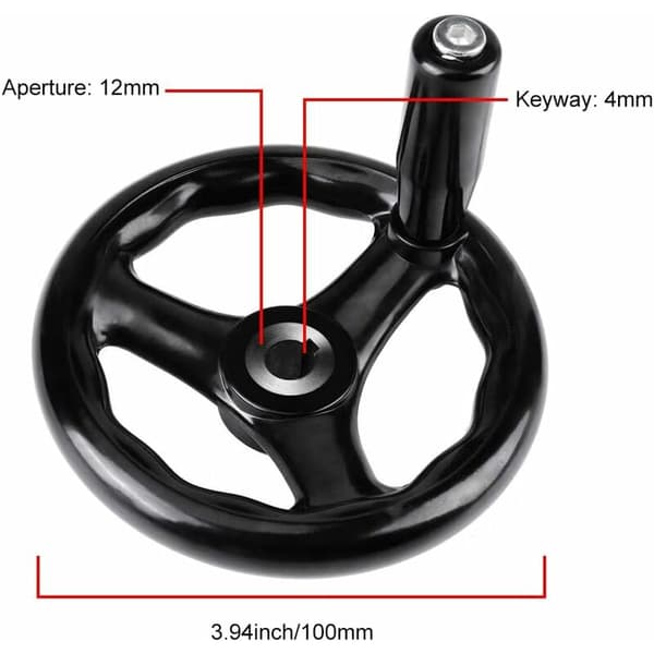 3-spoke handwheel 12 x 100 mm with rotating handle - Compatible with milling machines, lathes and grinders