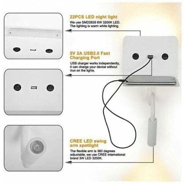 3W LED Wall Lamp with USB Port in Black - Compatible with Reading Lamps