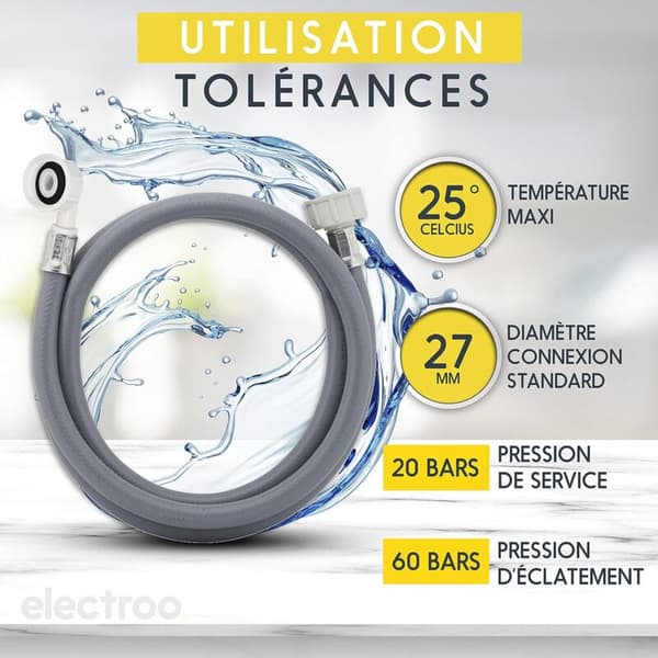 Universal Washing Machine Hose 2.00M with Rubber Seals - Compatible with Most Dishwashers and Washing Machines