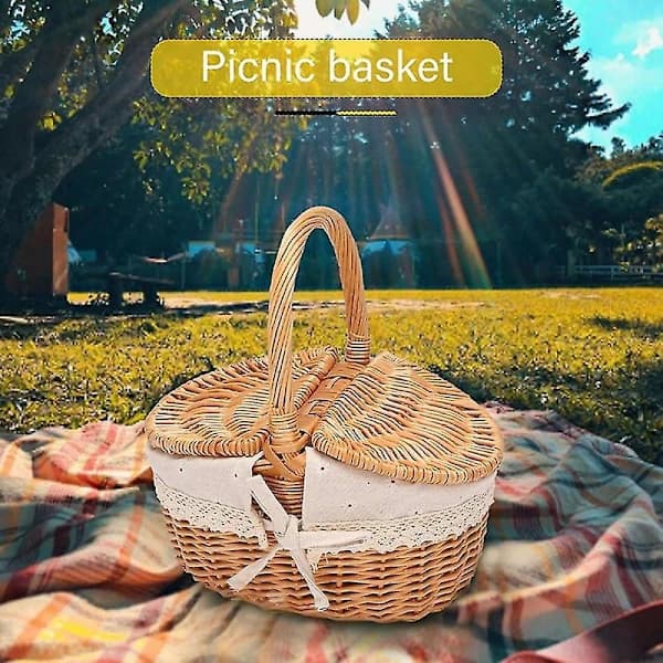 Handmade Wicker Basket with Handle, Wicker Camping Picnic Basket with Double Lids, Storage for Shopping