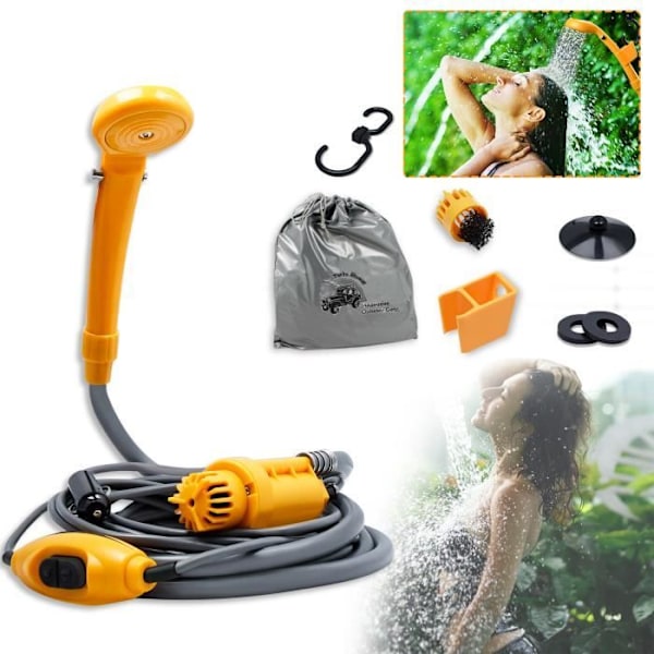 UISEBRT Bärbar Campingdusch - 12V Dränkbar Pump - 2 m Slang och 5 m Strömkabel Gul+Grå