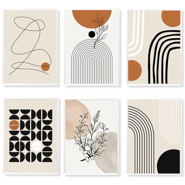 6 st Boho-konstväggdekor, abstrakt Boho-canvasväggkonst Geometrisk väggkonst, Linjekonst Bladväggdekor Utställningsaffischer