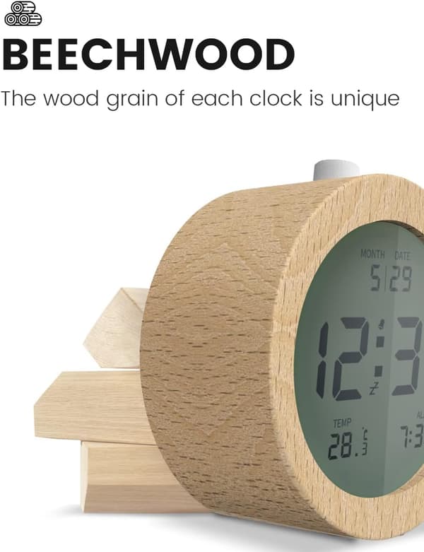 Digital Wooden Alarm Clock, Bedside Clock with LCD Backlight, Temperature Display, 3 AAA Battery Powered Clock 【Battery Not Included】
