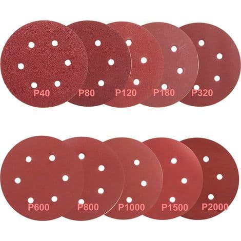 Pack of 100 150mm Sanding Discs - Assorted Grits 40/80/120/180/320/600/800/1000/1500/2000 - 6-Hole Design for Fast Sanding