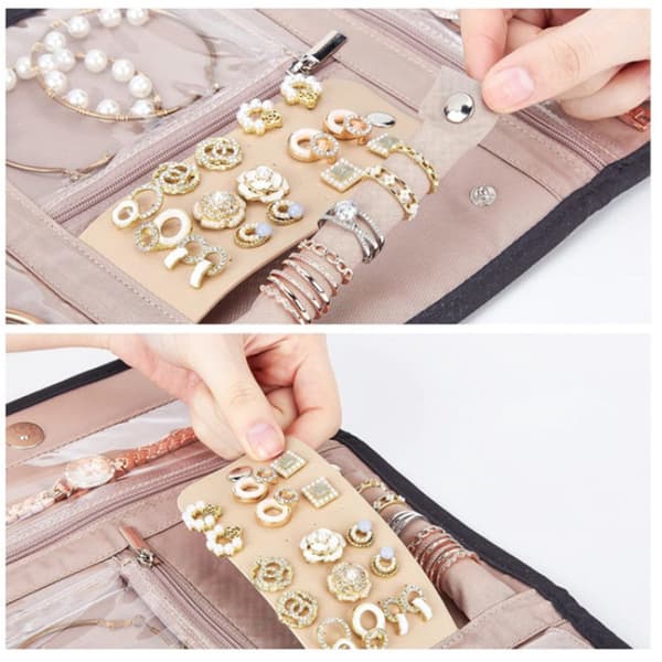 Portable Jewelry Storage Roll Foldable Travel Case with Earring Compartments Anti-Oxidation Organizer