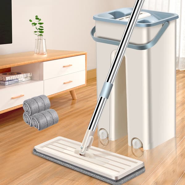 360° Flat Press Mikrofiber Flat Mopp Bøtte Sett, 1 Moppesett + 2 Pader
