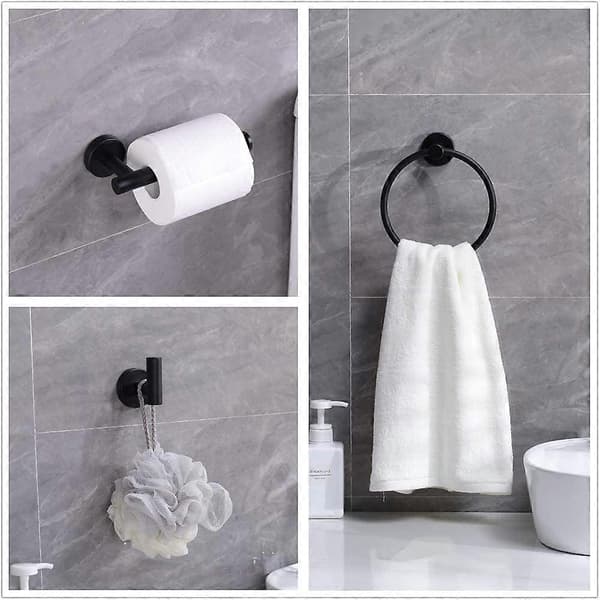 4 Dele Sort Badeværelsestilbehør Sæt Håndklædeholder, Toiletpapirholder og 2 Badekåbehåndklædekroge, Badeværelse