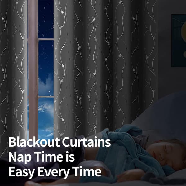 Blackout Curtains 84\" Long 2 Panel Set Grommet Insulated Room Darkening Drapes with Wavy Line and Dot Pattern Bedroom, 52 x 84\", Dark Grey