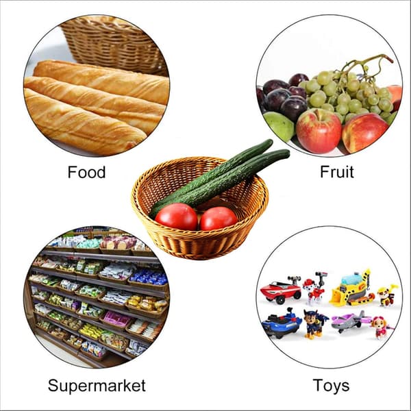 Woven Basket, 3 pcs Poly-Wicker Bread Storage Baskets for Food Fruit Vegetables, Shallow Store Supermarket Display Serving Restaurant Home Kitchen