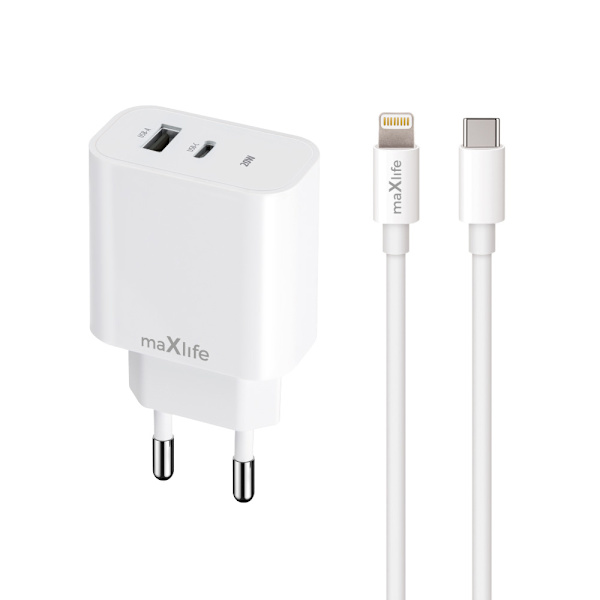 USB Charger PD QC 20W with USB and USB-C + Lightning Cable