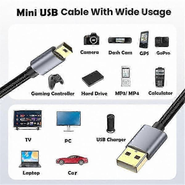 10m USB 2.0 til Mini B Hann Ladekabel for PS3-kontroller, MP3-spiller, Kamera