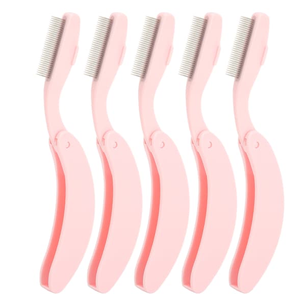 5 Pcs Curved Handle Eyelash Comb Stainless Steel Foldable Eyelash Comb Tool for Makeup Pink