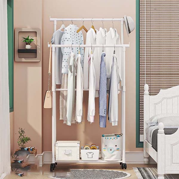 Portable Double Rod Clothes Rack - Adjustable Height, Stable Construction for Bedroom, Balcony, and Dorm Room White White White