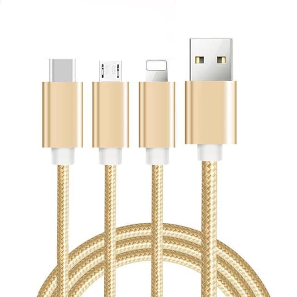 2 stk USB-ladekabel Nylon 3-i-1 ladekabel med MicroUSB iPhone Type C-kontakter 3m 3m