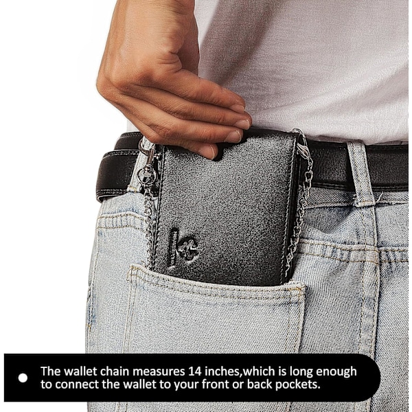 Men's Wallet with Chain Genuine Leather Wallet RFID Blocking Bifold Wallet with ID Window Card Slots, Black