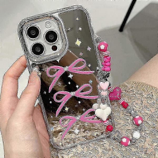 Fantasy Mirror Bowknot Chain Apple Phone Case Full Coverage Støtsikker iPhone 15 Plus iPhone 15 Plus iPhone 15 Plus iPhone 15 Plus
